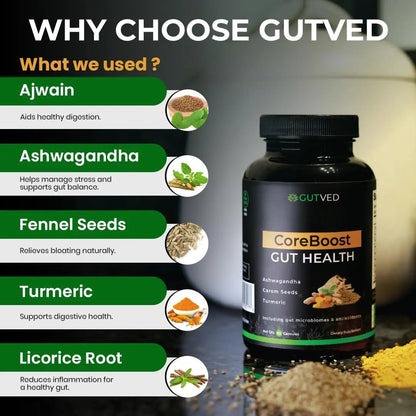 GUTVED Bloating & Gas Relief Probiotic for Women & Men | 9-in-1 Gut & Digestive Support with Probiotics, Prebiotic Inulin, Turmeric, Ginger & Fennel | Daily Plant-Based Capsules, 60 Count - Maple Wellness Supplements