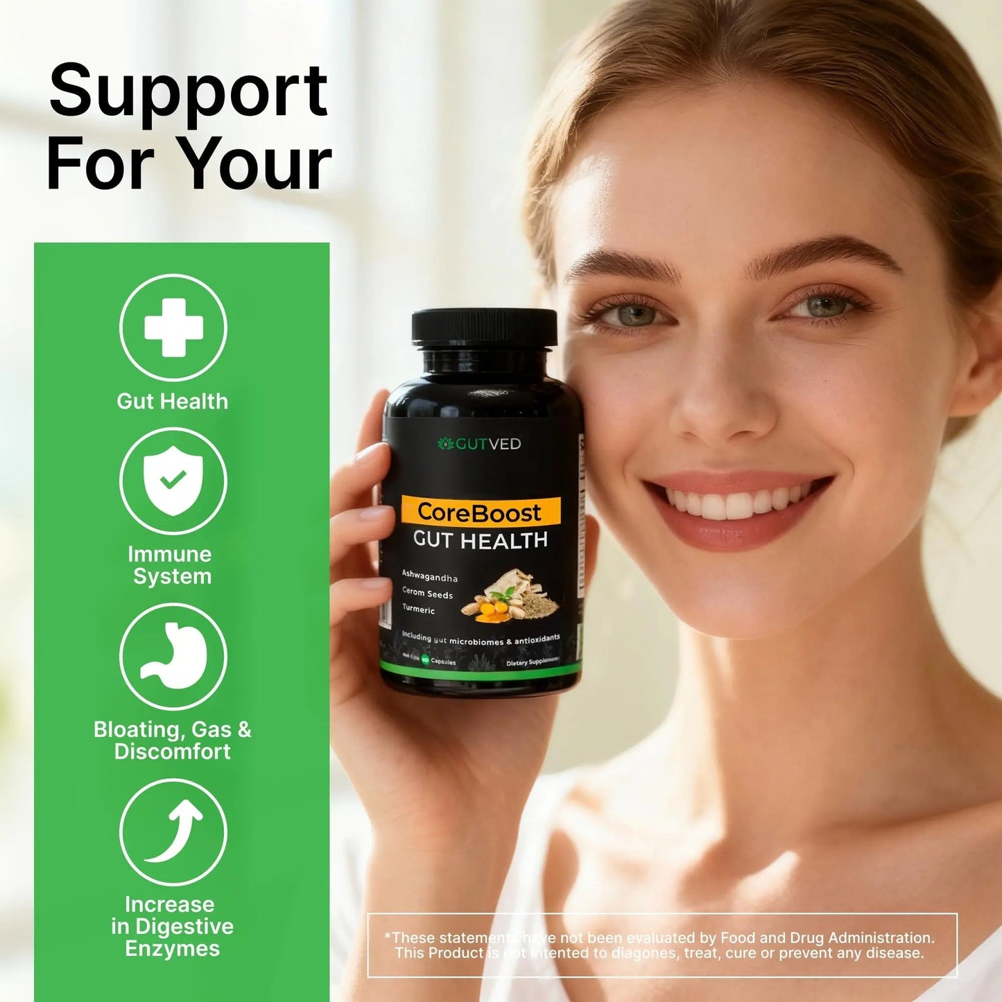 GUTVED Bloating & Gas Relief Probiotic for Women & Men | 9-in-1 Gut & Digestive Support with Probiotics, Prebiotic Inulin, Turmeric, Ginger & Fennel | Daily Plant-Based Capsules, 60 Count - Maple Wellness Supplements