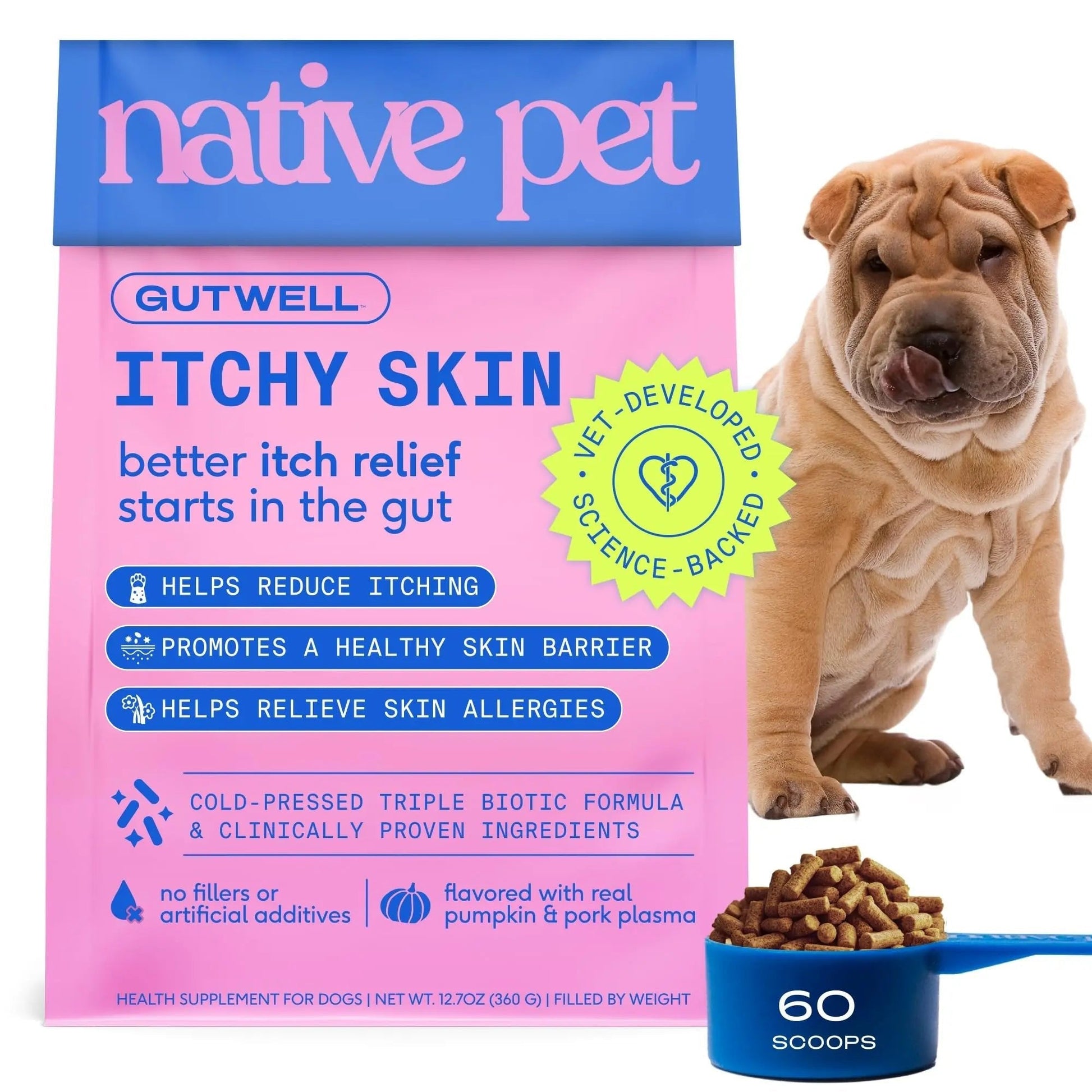 GutWell Itchy Skin - Dog Itching Skin Relief & Seasonal Allergy Itch Relief for Dogs - Promotes Skin Hydration, Elasticity & Healthy Barrier with Triple-biotic Blend, Zinc, & Vitamin E - 60 Scoops - Maple Wellness Supplements