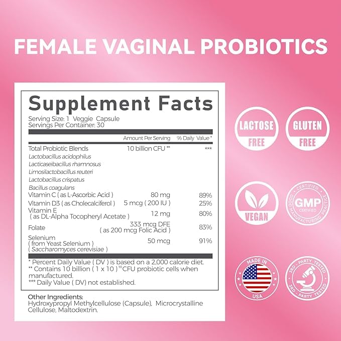Gynable Vaginal Probiotics for Women Odor & Itch Support, Urinary | pH Balance, Female Probiotics 10 Billion CFU Lactobacillus Probiotics Blend,Selenium-Vitamin C/E/D3 Promote Immune Health,60 Count - Maple Wellness Supplements