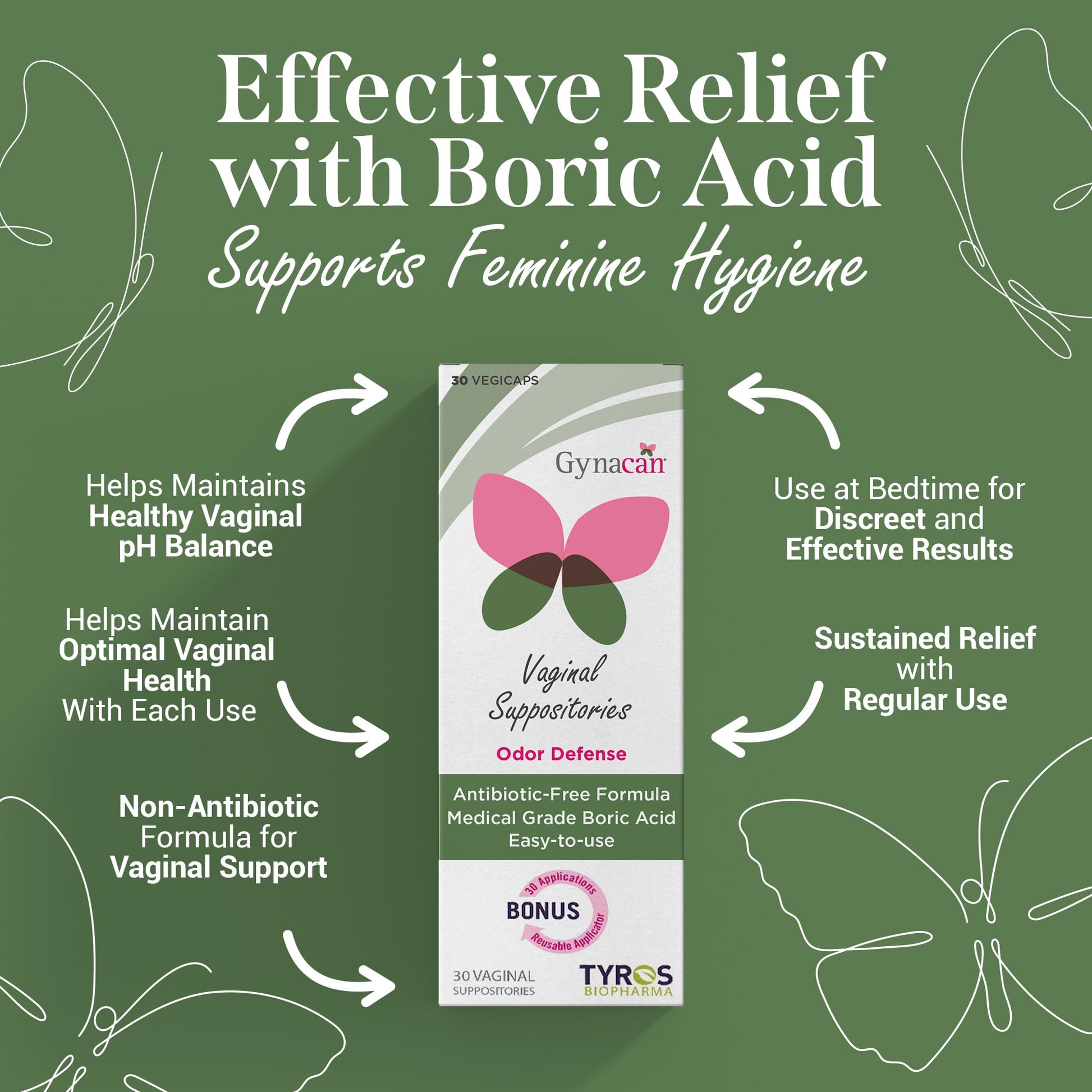 Gynacan Boric Acid Suppositories for Women - pH Balance Vaginal Treatment for Women Odor Prevention, Pure Formula, No-Mess Applicator, Gentle & Effective - Maple Wellness Supplements