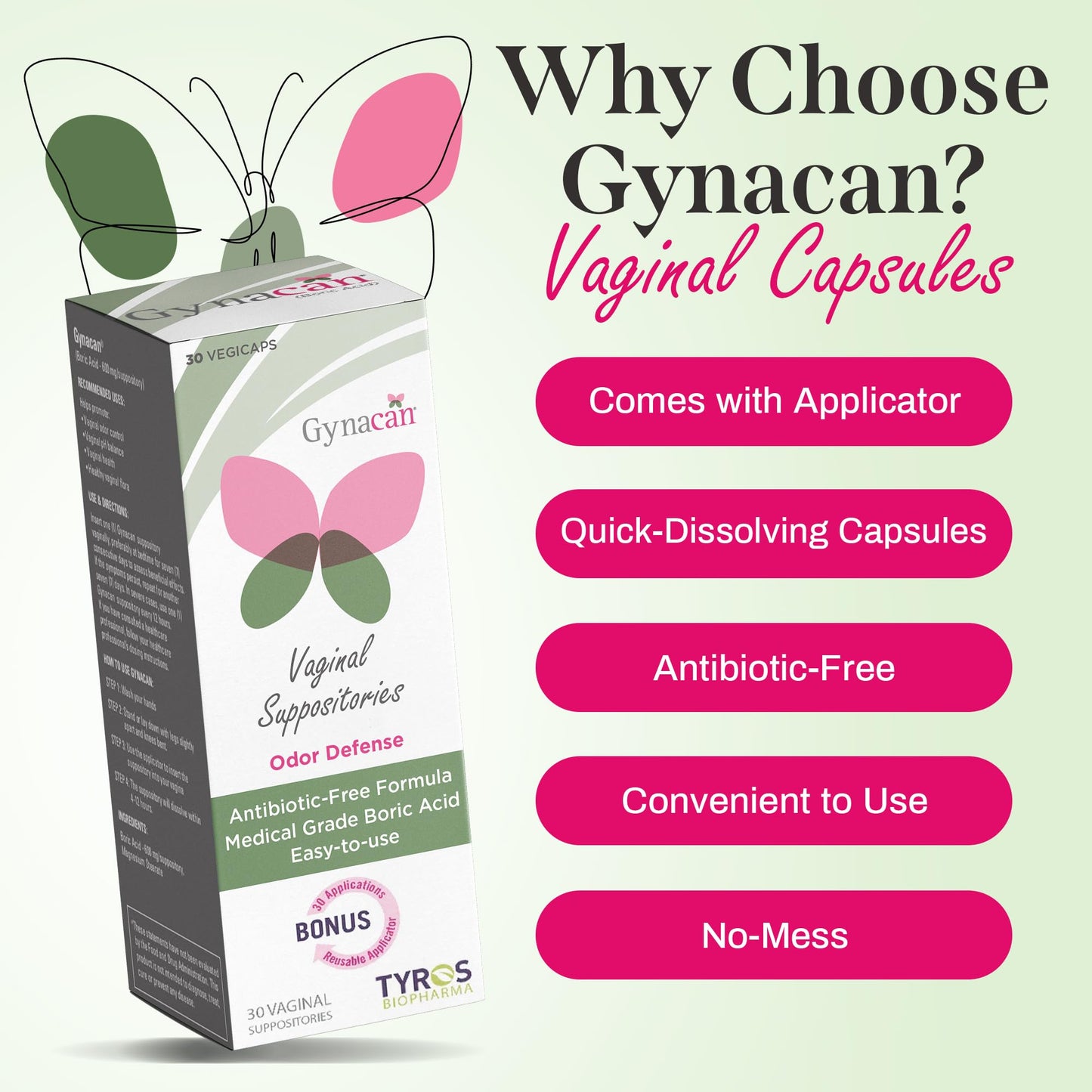 Gynacan Boric Acid Suppositories for Women - pH Balance Vaginal Treatment for Women Odor Prevention, Pure Formula, No-Mess Applicator, Gentle & Effective - Maple Wellness Supplements
