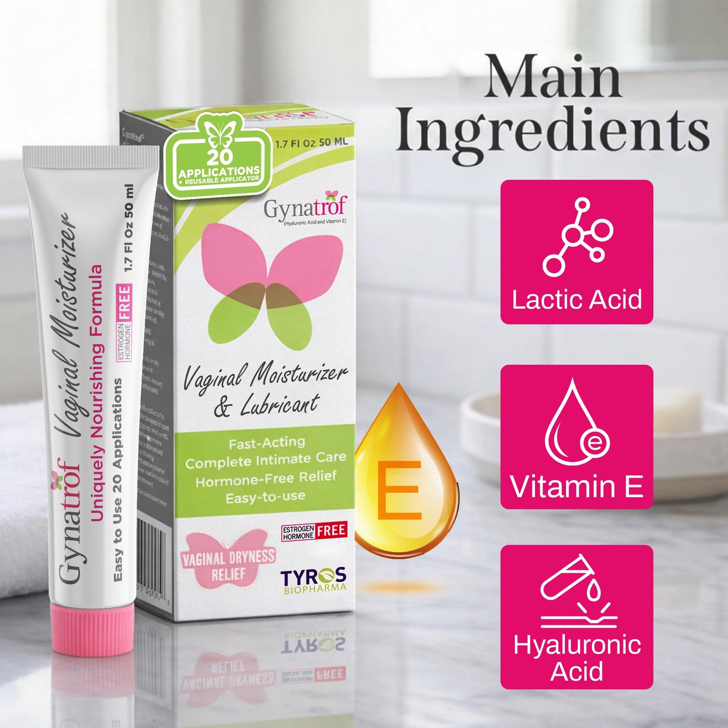 Gynatrof Vaginal Moisturizer, Long-Lasting for Vaginal Dryness & Irritation, Hormone-Free Hyaluronic Acid & Vitamin E Feminine Care, Daily Hydration For Intimate Feminine Care, 1.7 fl oz - Maple Wellness Supplements