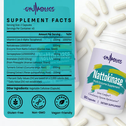 Gyumolics Nattokinase Supplement 10000FU with Organic Nattokinase, Serrapeptase, Bromelain, Curcumin, Vitamin E & Ginseng, - Maple Wellness Supplements