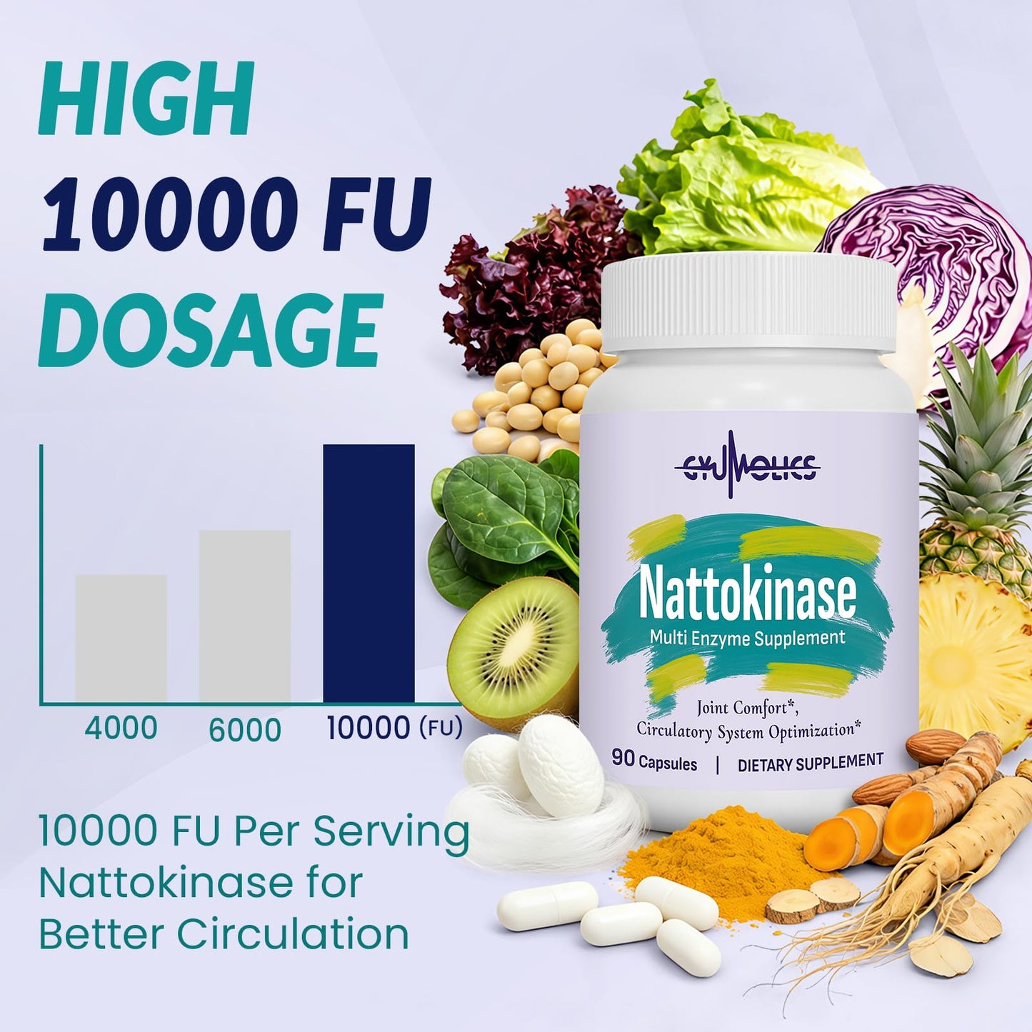 Gyumolics Nattokinase Supplement 10000FU with Organic Nattokinase, Serrapeptase, Bromelain, Curcumin, Vitamin E & Ginseng, - Maple Wellness Supplements