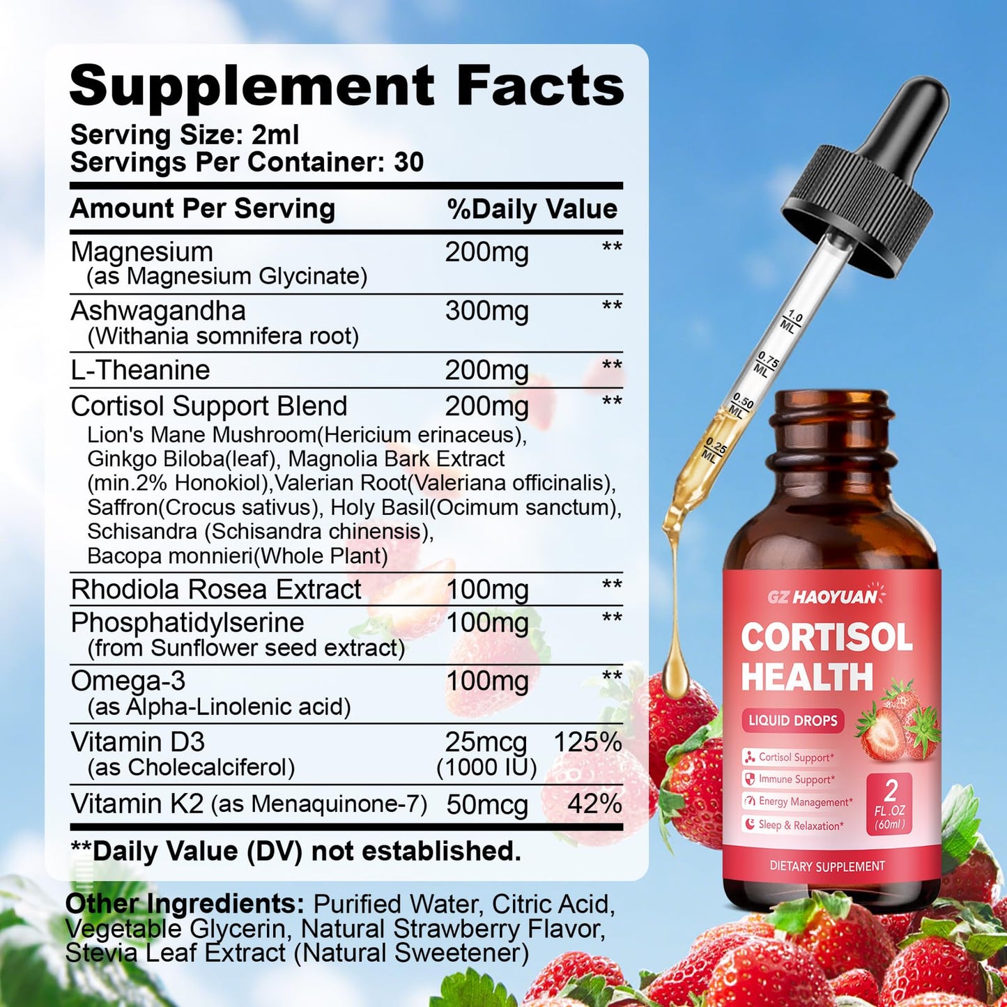 GZ HAOYUAN Cortisol Supplement Liquid Drops for Women and Men with Magnesium, Ashwagandha, L-theanine, Phosphatidylserine for Lower Cortisol, Calm, Mood, Sleep Support - 2 FL.OZ, Strawberry - Maple Wellness Supplements
