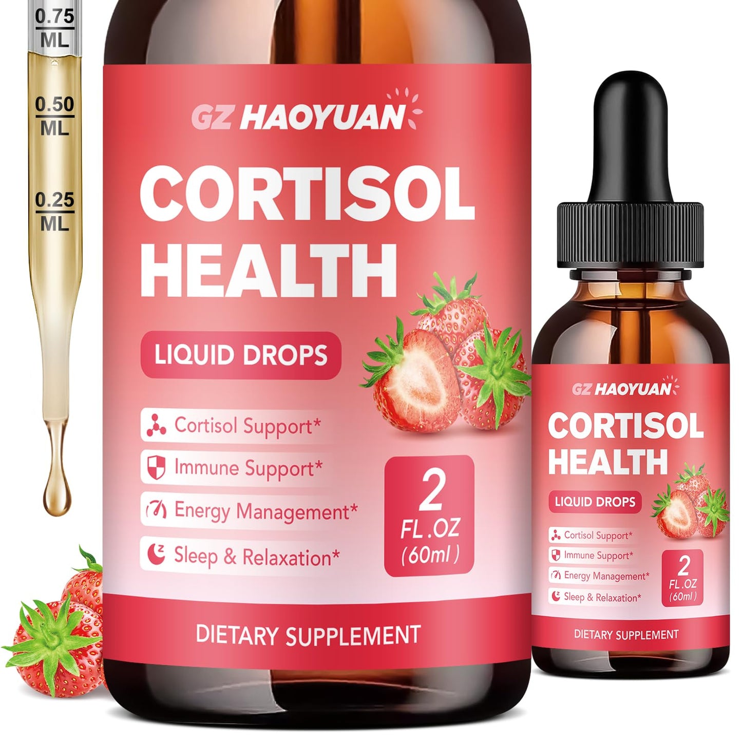 GZ HAOYUAN Cortisol Supplement Liquid Drops for Women and Men with Magnesium, Ashwagandha, L-theanine, Phosphatidylserine for Lower Cortisol, Calm, Mood, Sleep Support - 2 FL.OZ, Strawberry - Maple Wellness Supplements