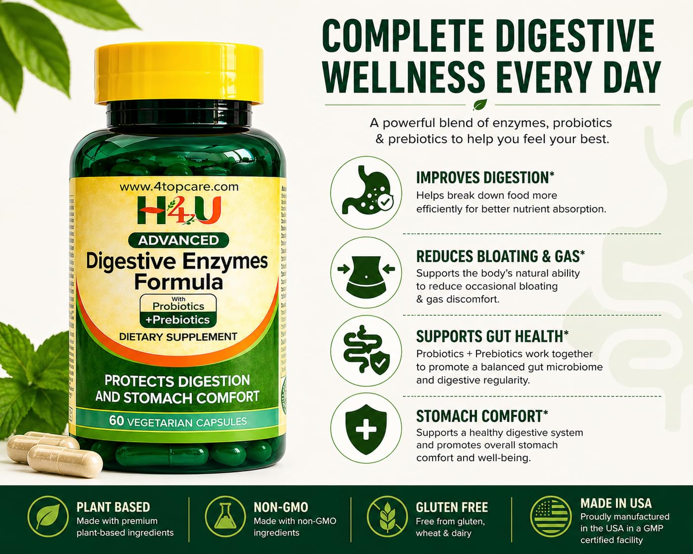 H4U Advanced Digestive Enzymes with Probiotics & Prebiotics – Multi Enzyme Supplement for Gut Health, Digestion Support, Bloating Relief & Stomach Comfort, - Maple Wellness Supplements