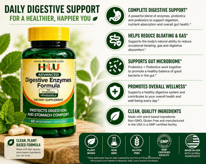 H4U Advanced Digestive Enzymes with Probiotics & Prebiotics – Multi Enzyme Supplement for Gut Health, Digestion Support, Bloating Relief & Stomach Comfort, - Maple Wellness Supplements