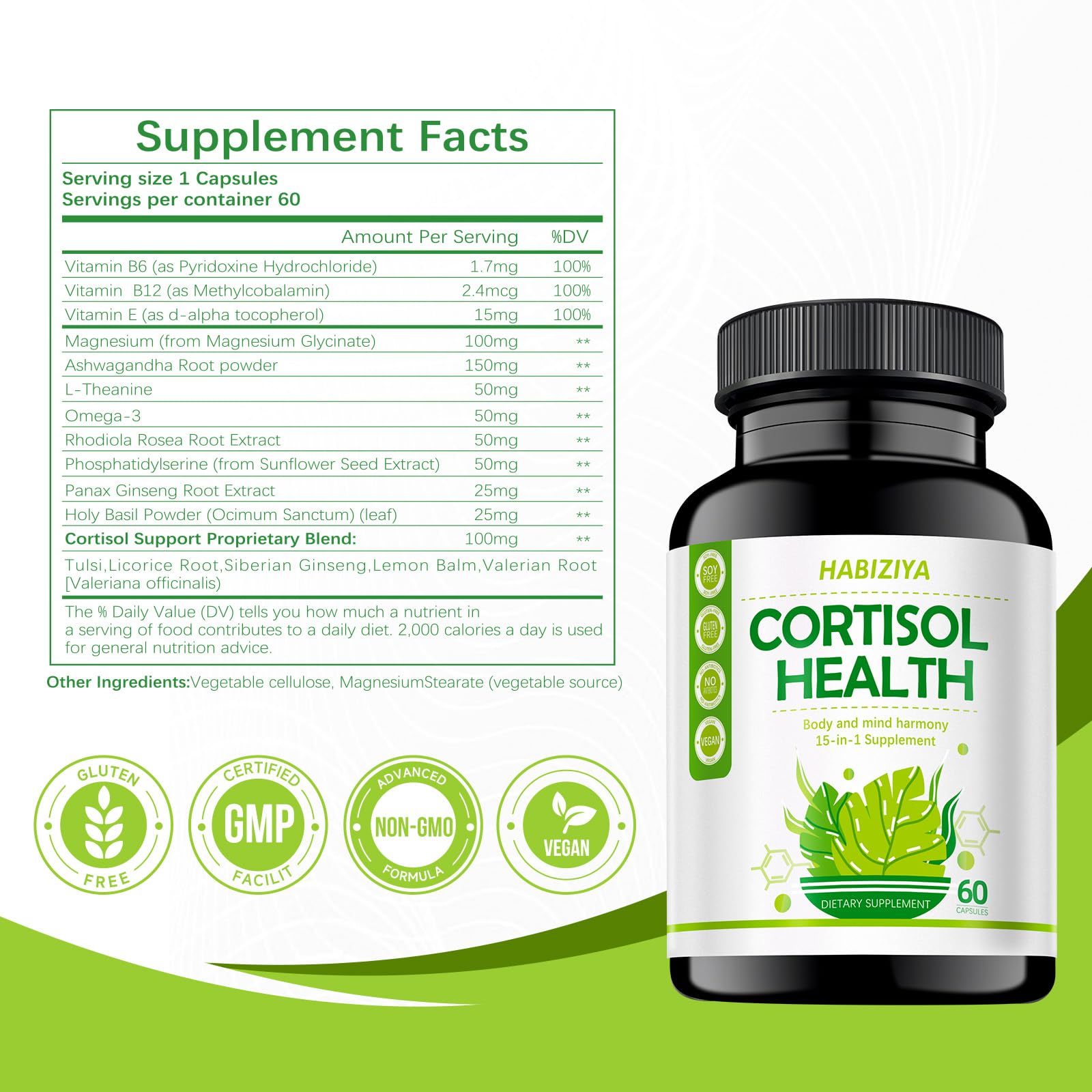 HABIZIYA Cortisol Manager Supplement for Women and Men Adrenal Support with Ashwagandha, Rhodiola Rosea, Holy Basil, Mood & Sleep Support - Non-GMO, Vegan Capsules (60 Count) - Maple Wellness Supplements