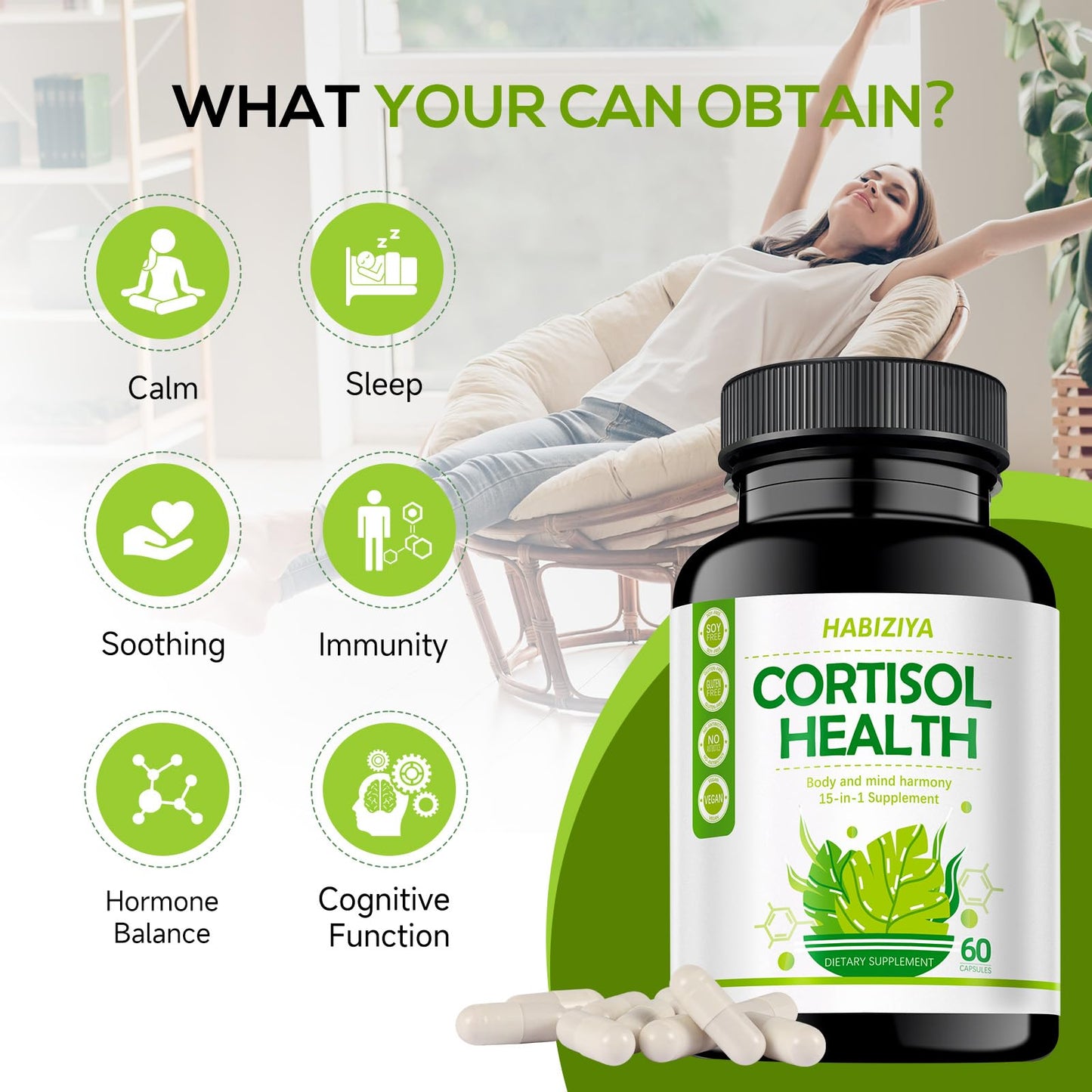 HABIZIYA Cortisol Manager Supplement for Women and Men Adrenal Support with Ashwagandha, Rhodiola Rosea, Holy Basil, Mood & Sleep Support - Non-GMO, Vegan Capsules (60 Count) - Maple Wellness Supplements