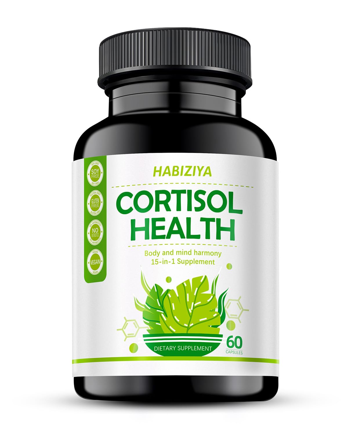 HABIZIYA Cortisol Manager Supplement for Women and Men Adrenal Support with Ashwagandha, Rhodiola Rosea, Holy Basil, Mood & Sleep Support - Non-GMO, Vegan Capsules (60 Count) - Maple Wellness Supplements