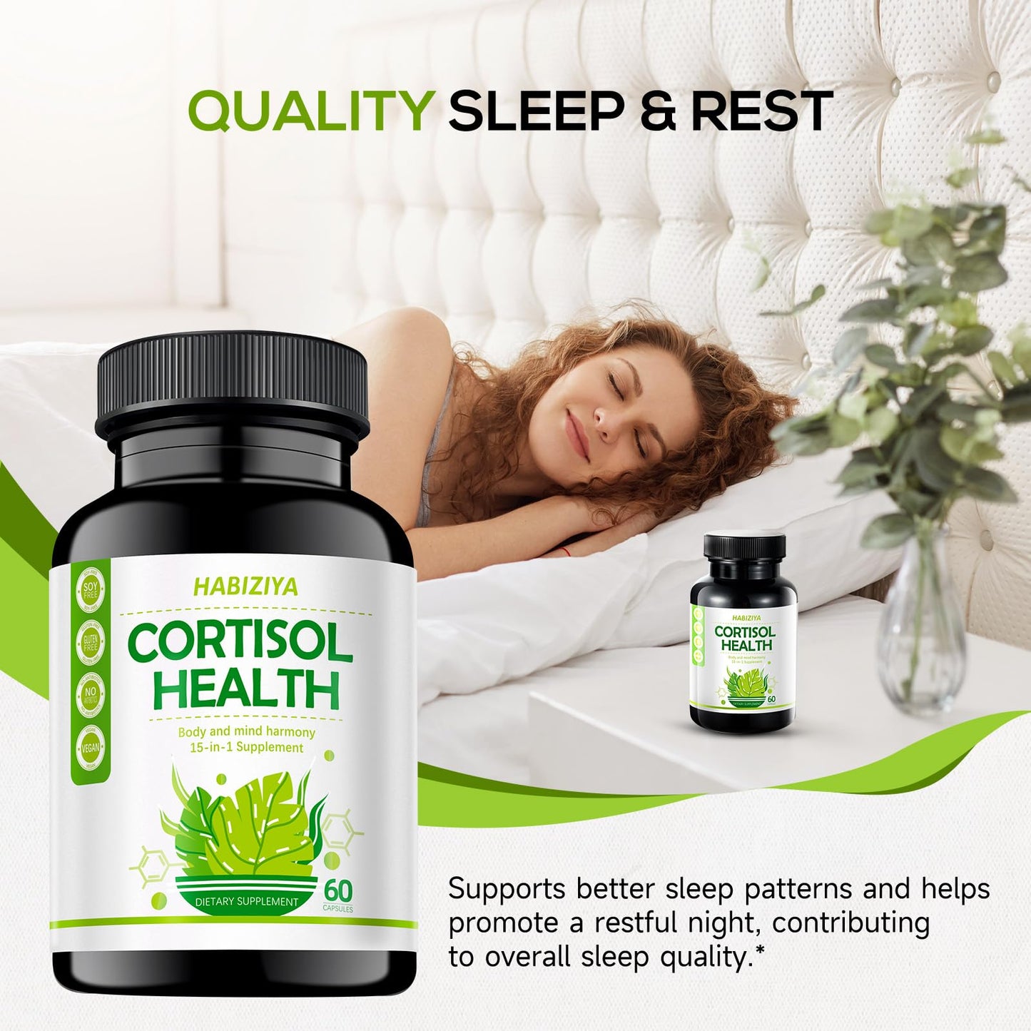 HABIZIYA Cortisol Manager Supplement for Women and Men Adrenal Support with Ashwagandha, Rhodiola Rosea, Holy Basil, Mood & Sleep Support - Non-GMO, Vegan Capsules (60 Count) - Maple Wellness Supplements