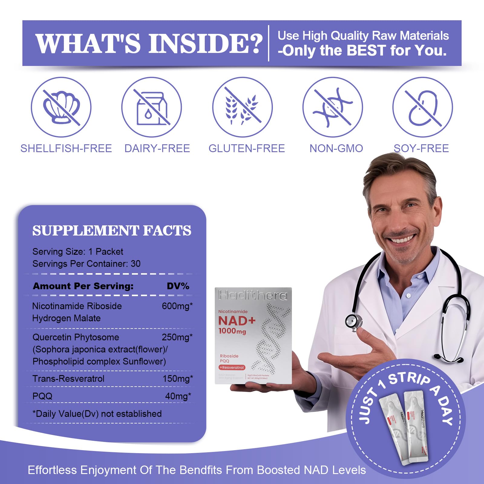 Haditheran NAD Supplement 1000mg Synergistic Blend with Nicotinamide Riboside, PQQ & Resveratrol - Premium Anti-Aging Supplement for Cellular Energy, Mental Clarity and Longevity (30 Packets) - Maple Wellness Supplements