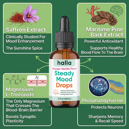 Halla Steady Mood Drops Saffron Extract, Maritime Pine Bark Extract, Phosphatidylserine, Magnesium L-Threonate, Sleep Supplements, Improves Focus & Attention, Mood Support Supplement, 60ml - Maple Wellness Supplements
