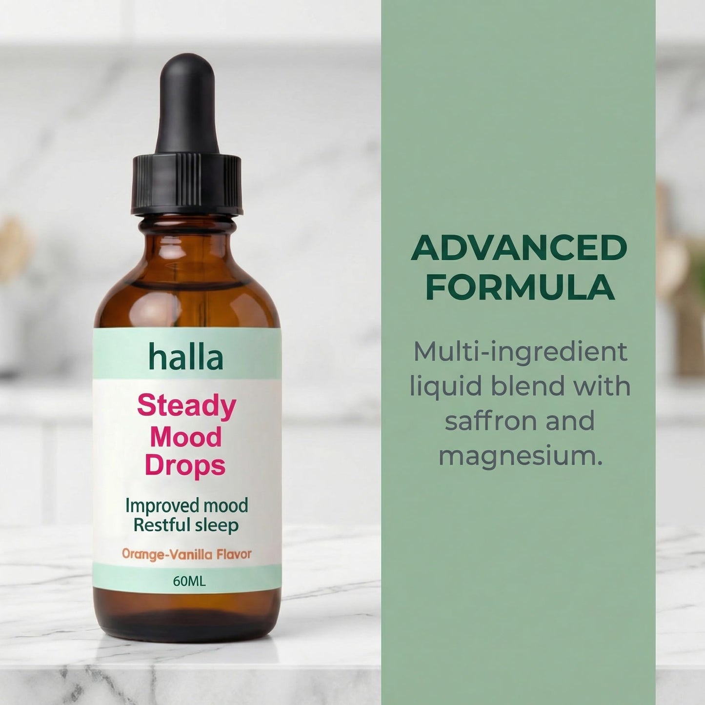 Halla Steady Mood Drops, with Saffron Extract – Fast Absorption Cognitive & Emotional Balance Supplement – Advanced Brain Nutrient Blend – Orange Vanilla Flavor, 2 fl oz - Maple Wellness Supplements