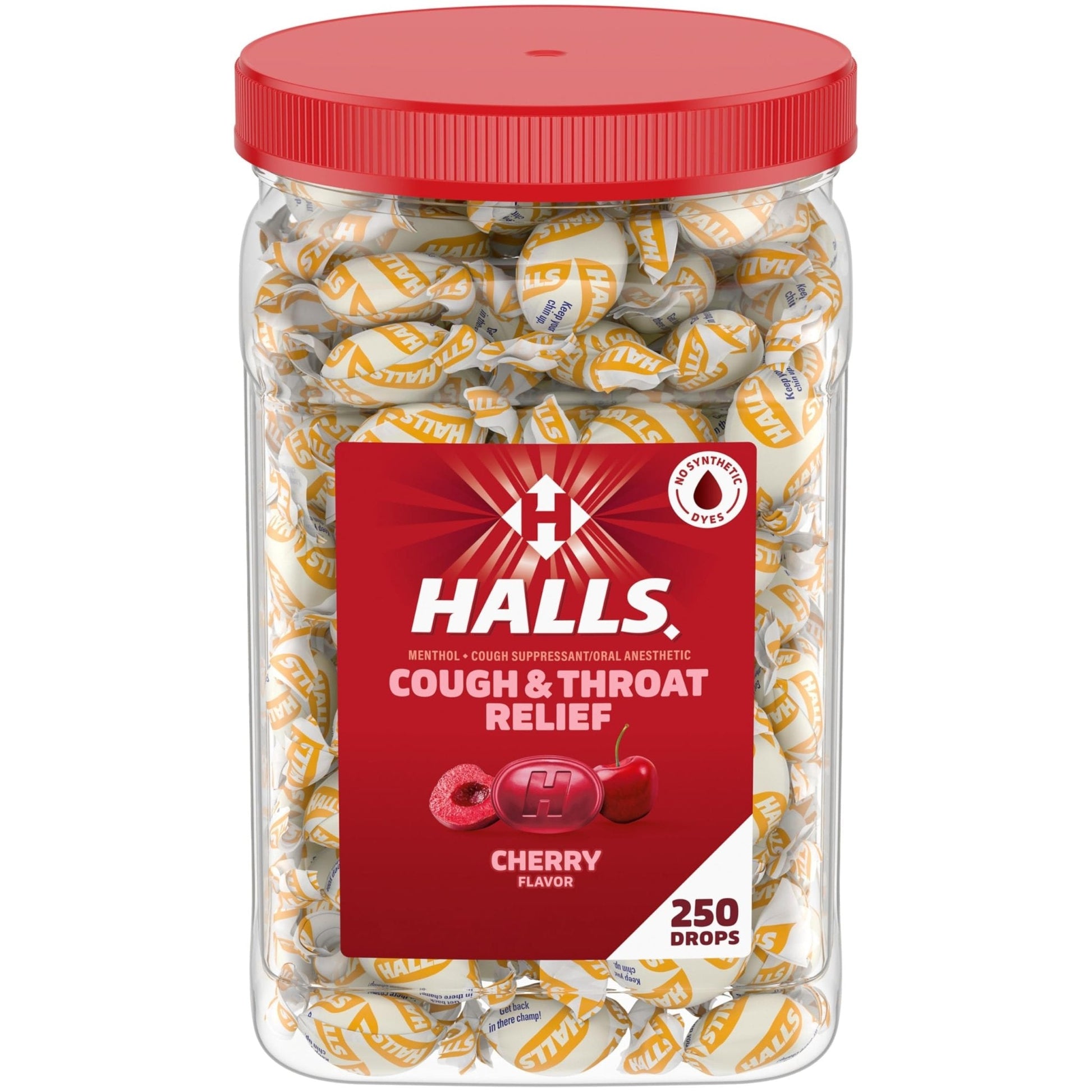 Halls Cough and Throat Relief Cherry Cough Drops, Bulk Pack, 250 Drops - Maple Wellness Supplements