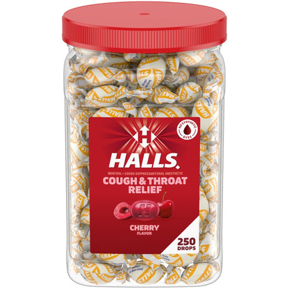 Halls Cough and Throat Relief Cherry Cough Drops, Bulk Pack, 250 Drops - Maple Wellness Supplements