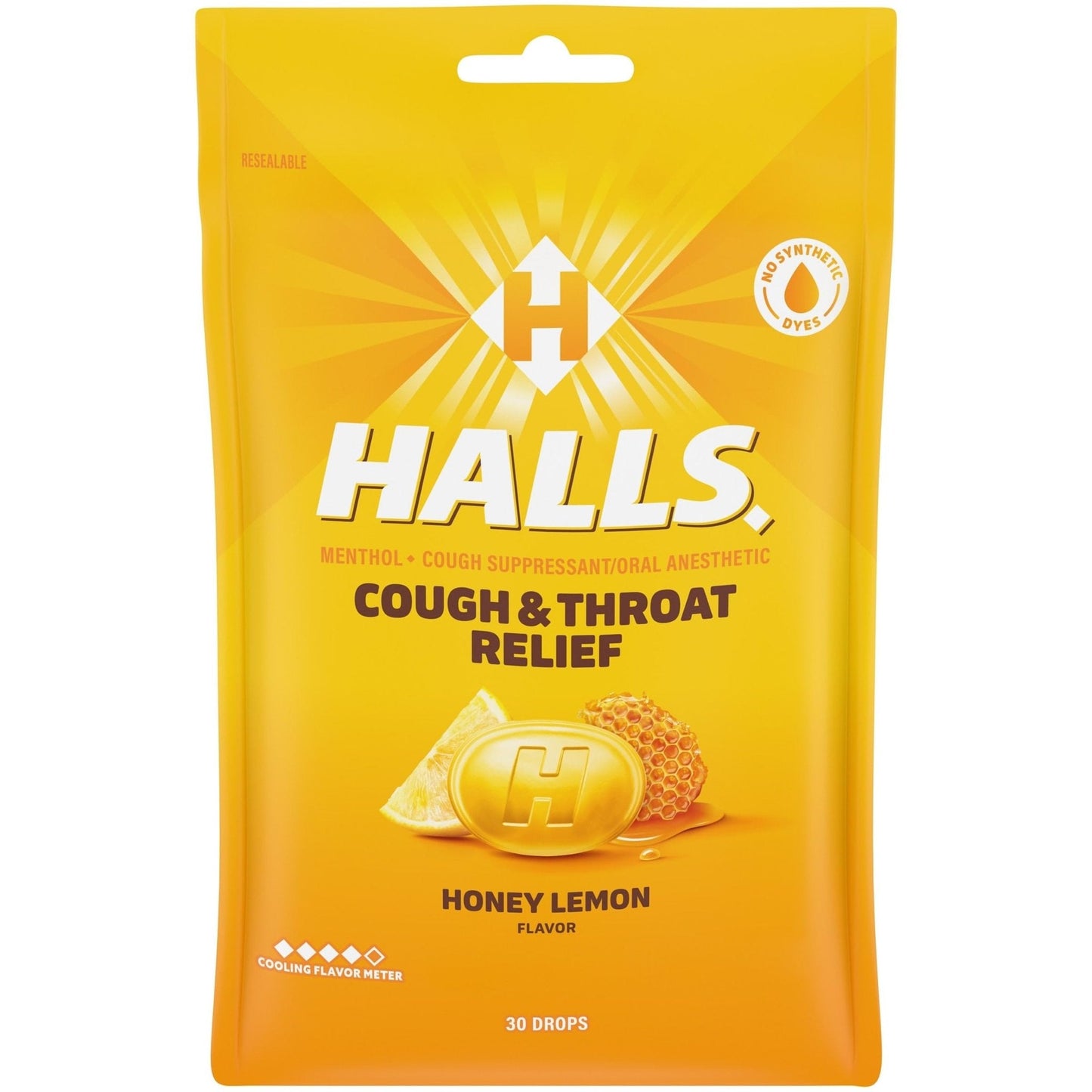 HALLS Cough and Throat Relief Honey Lemon Cough Drops, 30 Drops - Maple Wellness Supplements