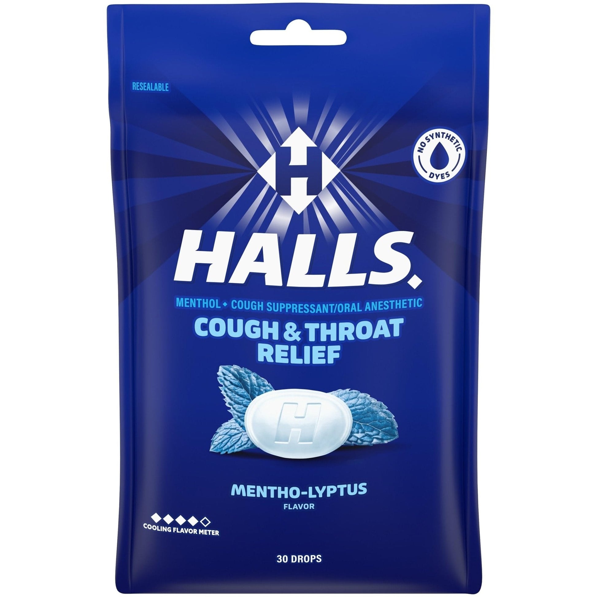 HALLS Cough and Throat Relief Mentho-Lyptus Cough Drops, 30 Drops - Maple Wellness Supplements