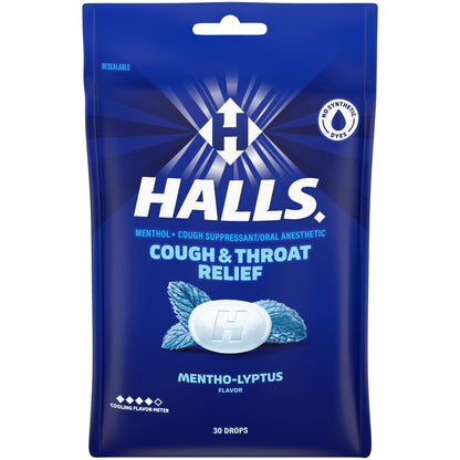 HALLS Cough and Throat Relief Mentho-Lyptus Cough Drops, 30 Drops - Maple Wellness Supplements