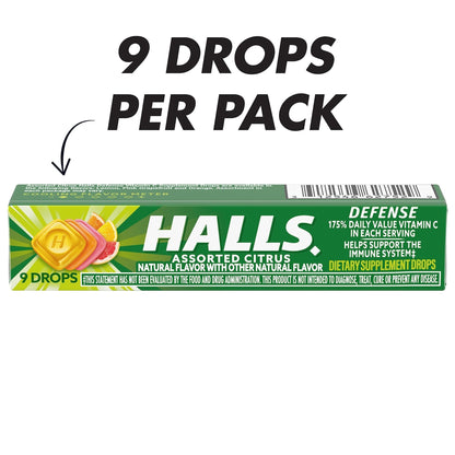 HALLS Defense Assorted Citrus Vitamin C Drops, 20 Sticks of 9 Drops (180 Total Drops) - Maple Wellness Supplements