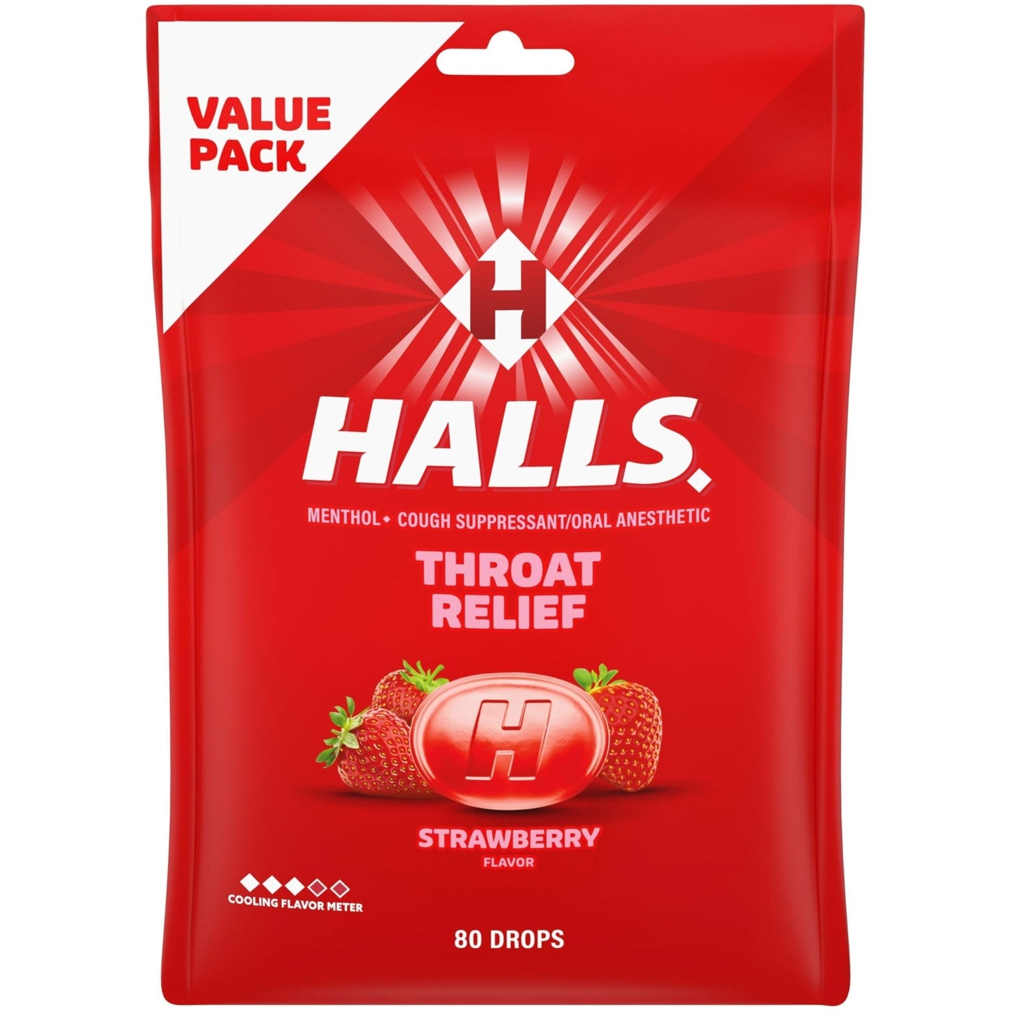HALLS Throat Relief Strawberry Cough Drops, Value Pack, 80 Drops - Maple Wellness Supplements