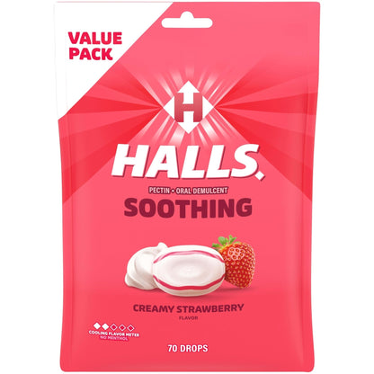 HALLS Throat Soothing Creamy Strawberry Throat Drops, 70 Drops - Maple Wellness Supplements