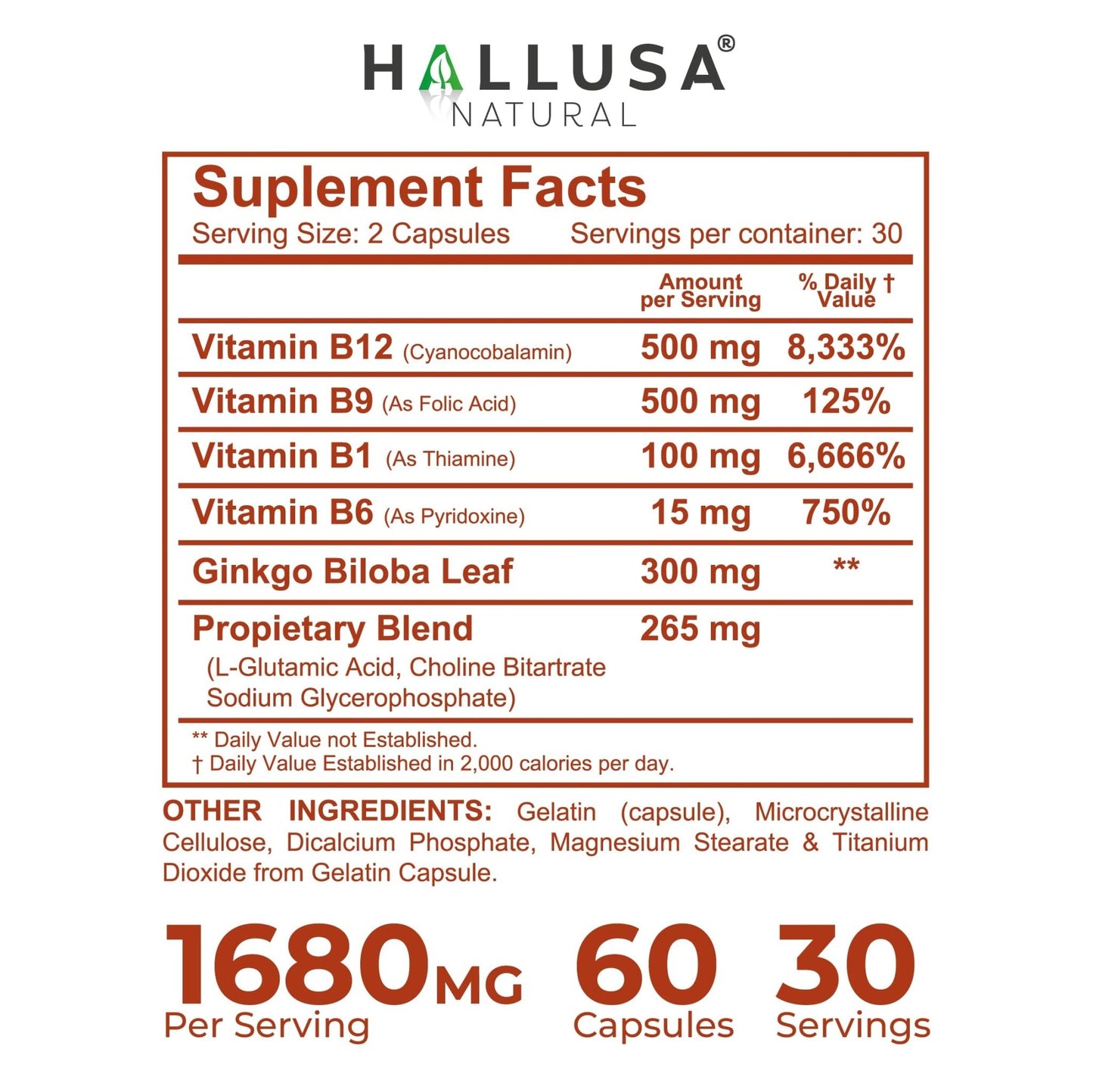 Hallusa Natural Brain Health Supplement Capsules 1680mg, Ginkgo Biloba, B Vitamins & Choline, Memory & Focus Support, Brain Booster for Men & Women, 60 Count - Maple Wellness Supplements