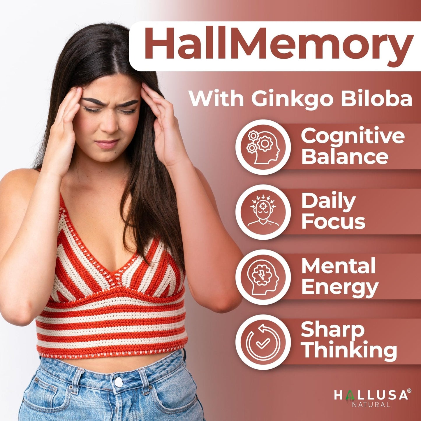 Hallusa Natural Brain Health Supplement Capsules 1680mg, Ginkgo Biloba, B Vitamins & Choline, Memory & Focus Support, Brain Booster for Men & Women, 60 Count - Maple Wellness Supplements