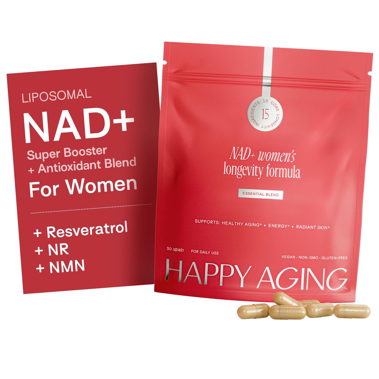 Happy Aging Essential Longevity Formula, NAD+ Super Booster with NR, NMNH & Liposomal β-NAD+, Organic Antioxidant Superfruit Blend for Cellular Energy, Skin Hydration & Daily Vitality, 30 Capsules - Maple Wellness Supplements
