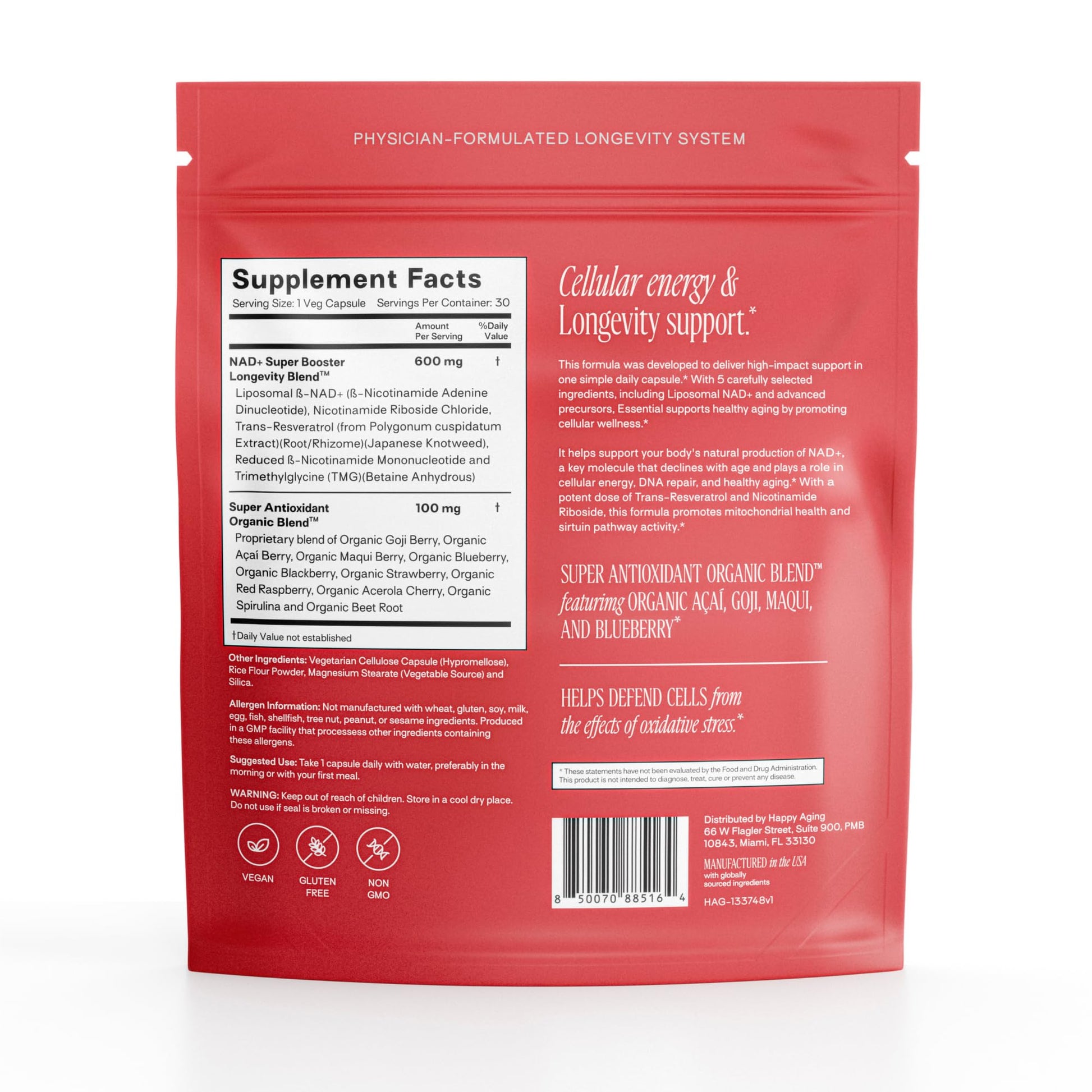 Happy Aging Essential Longevity Formula, NAD+ Super Booster with NR, NMNH & Liposomal β-NAD+, Organic Antioxidant Superfruit Blend for Cellular Energy, Skin Hydration & Daily Vitality, 30 Capsules - Maple Wellness Supplements
