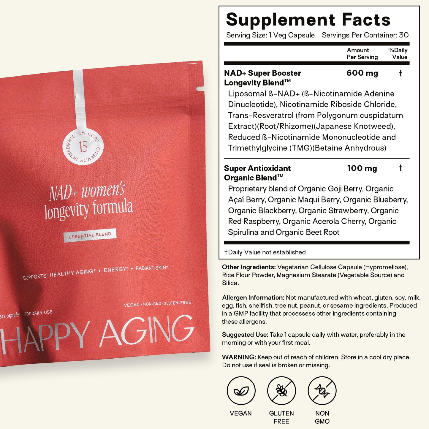 Happy Aging Essential Longevity Formula, NAD+ Super Booster with NR, NMNH & Liposomal β-NAD+, Organic Antioxidant Superfruit Blend for Cellular Energy, Skin Hydration & Daily Vitality, 30 Capsules - Maple Wellness Supplements