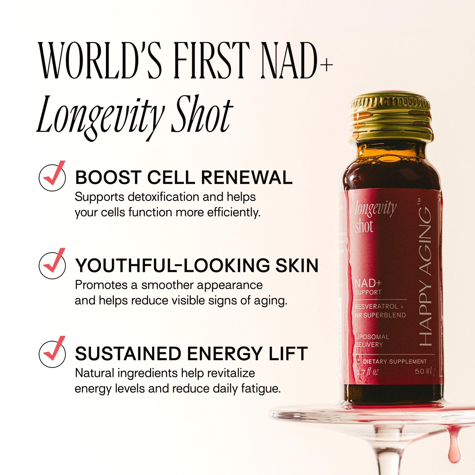 Happy Aging Liquid NAD+ Resveratrol Supplement, NMN Alternative, Liposomal Nicotinamide Riboside & Antioxidants for Energy Support, Brain Health, Firm Skin, Twice Weekly Use, 30 Shots - Maple Wellness Supplements