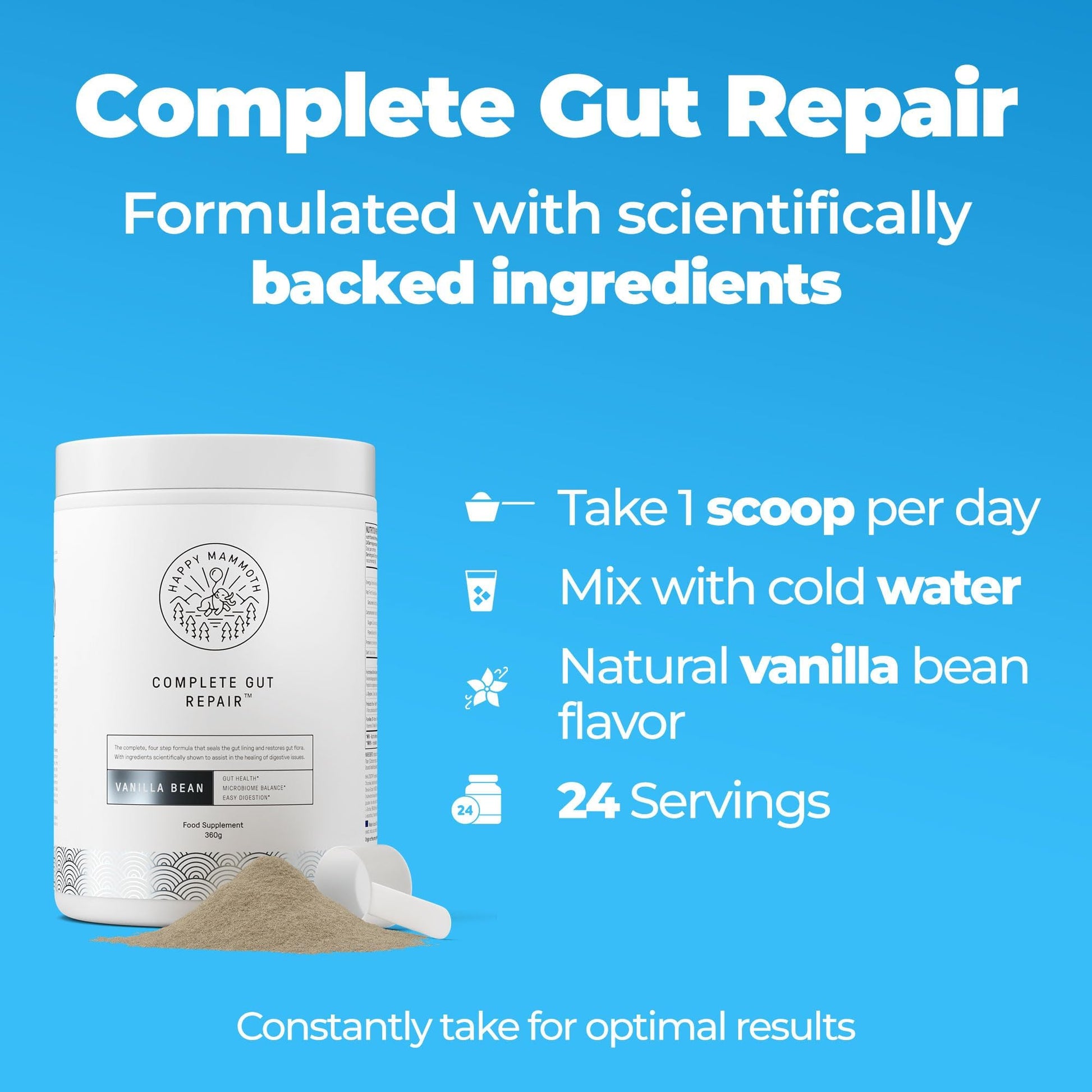Happy Mammoth Complete Gut Repair Probiotic, Prebiotic, Fiber & Collagen Supplement for Gut Health, Digestion, Healthy Gut Microbiome, Reduces Constipation - Maple Wellness Supplements