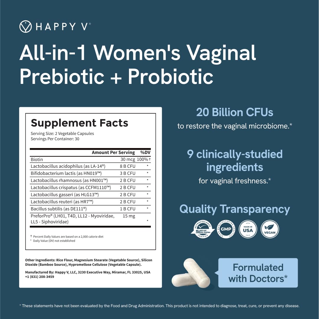 Happy V Dr. Formulated Vaginal Probiotics for Women Odor & Itch Support, Urinary & Gut Health, pH Balance | Womens Daily Probiotic - Maple Wellness Supplements