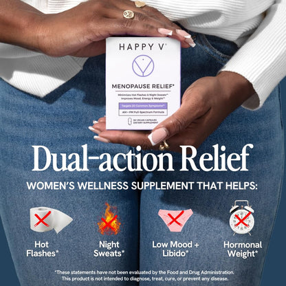 Happy V Menopause Relief Supplement for Women – Hormone Balance, Hot Flash & Night Sweat Support, Mood & Energy Booster, Vaginal Wellness, Perimenopause & Postmenopause Support – 60 Vegan Capsules - Maple Wellness Supplements