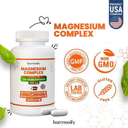 HARMONIFY Magnesium Glycinate Citrate Malate Aspartate Gluconate, 5 in 1 Formula, 120 Purified Veggie Capsule, 1000 mg, Gluten Free, Non-GMO, 60 Days Serving - Maple Wellness Supplements