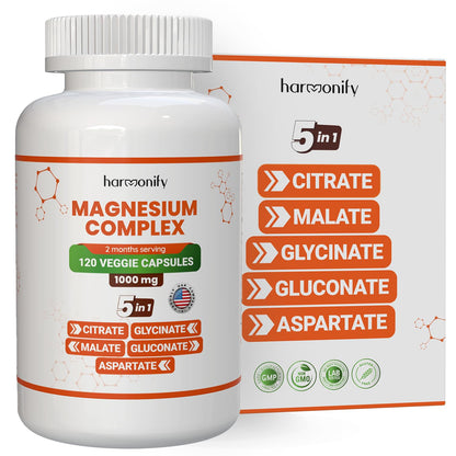 HARMONIFY Magnesium Glycinate Citrate Malate Aspartate Gluconate, 5 in 1 Formula, 120 Purified Veggie Capsule, 1000 mg, Gluten Free, Non-GMO, 60 Days Serving - Maple Wellness Supplements