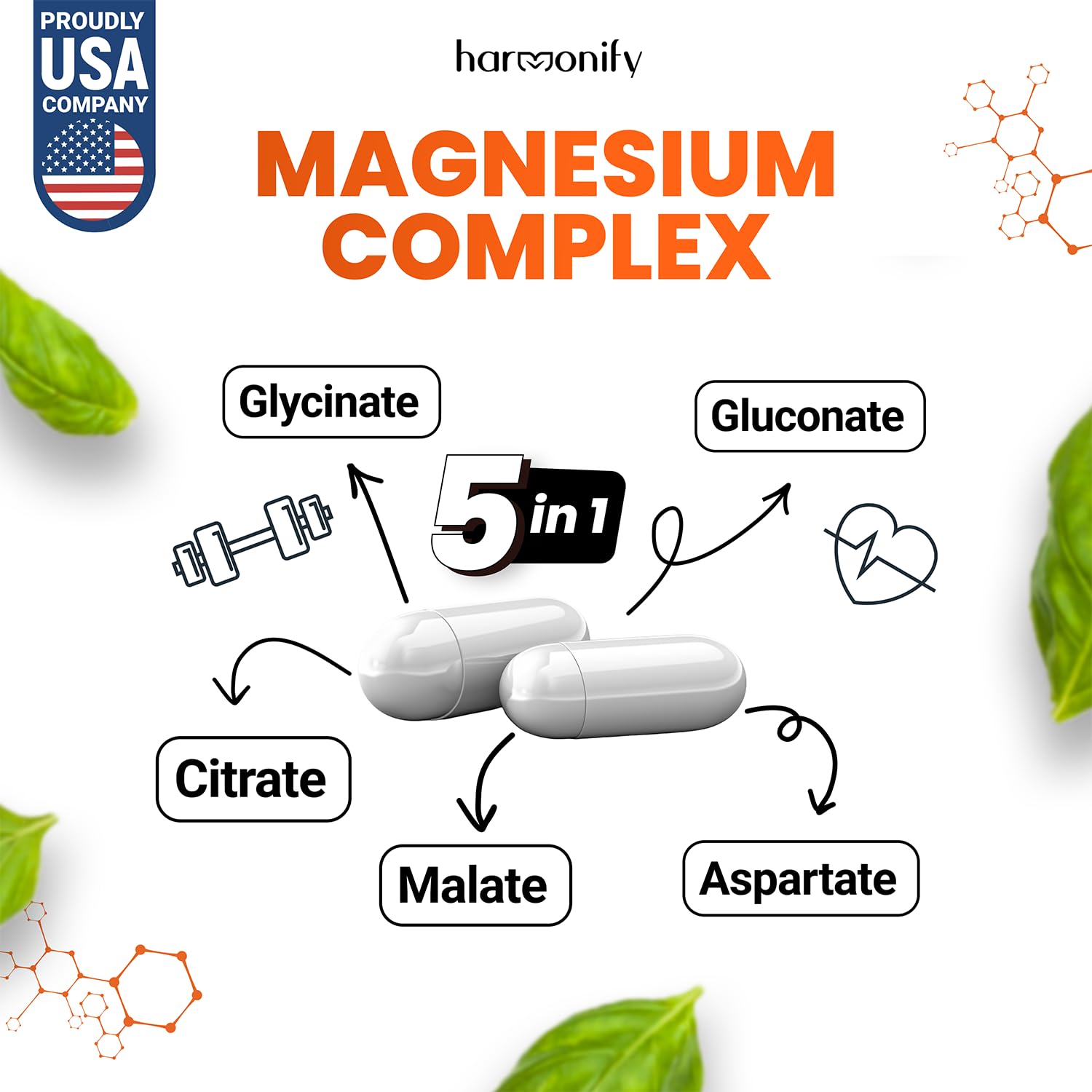 HARMONIFY Magnesium Glycinate Citrate Malate Aspartate Gluconate, 5 in 1 Formula, 120 Purified Veggie Capsule, 1000 mg, Gluten Free, Non-GMO, 60 Days Serving - Maple Wellness Supplements