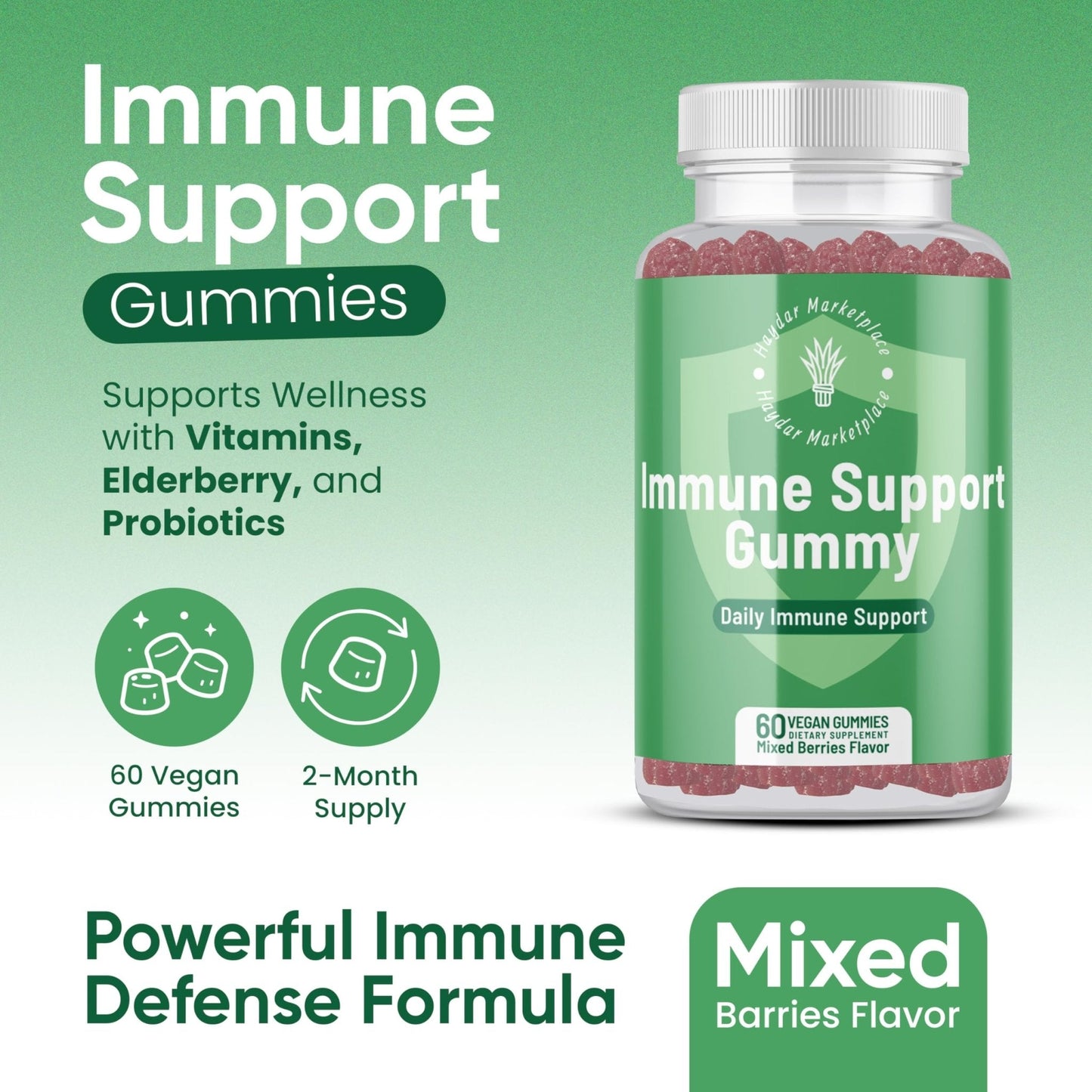 Haydar Marketplace Immune Boosters for Adults - Vegan Immune Support Gummies with Vitamins C & D, Zinc, Magnesium, Probiotics - Maple Wellness Supplements
