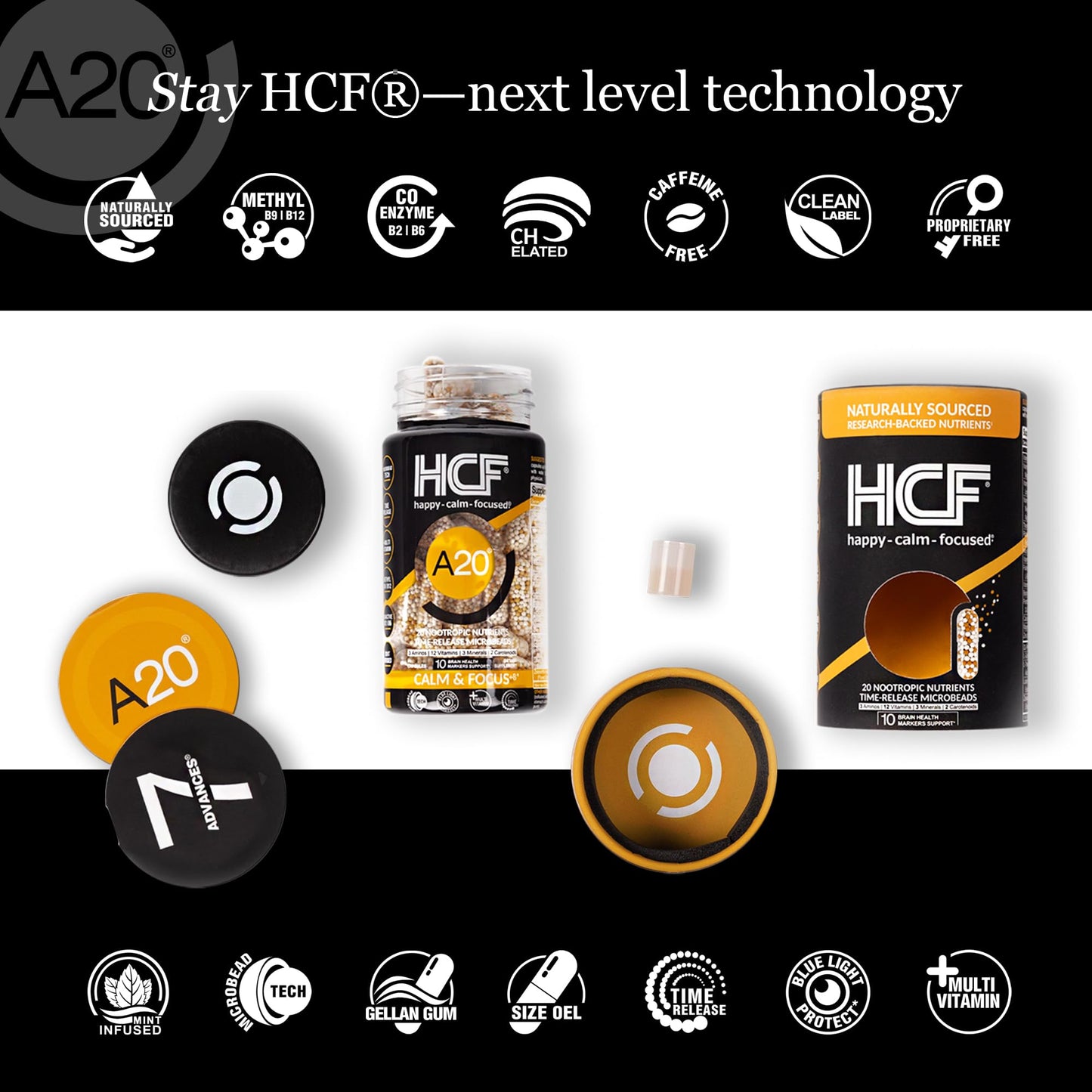 HCF A20 Microbead Brain Health Supplements for Adults for Memory, Focus, Calm, Mood, Alertness, Attention, Vision, Sleep, Immune System, 20 Premium Nootropic Nutrients Multivitamin & 7 Advances® Tech - Maple Wellness Supplements