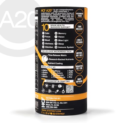HCF A20 Microbead Brain Health Supplements for Adults for Memory, Focus, Calm, Mood, Alertness, Attention, Vision, Sleep, Immune System, 20 Premium Nootropic Nutrients Multivitamin & 7 Advances® Tech - Maple Wellness Supplements