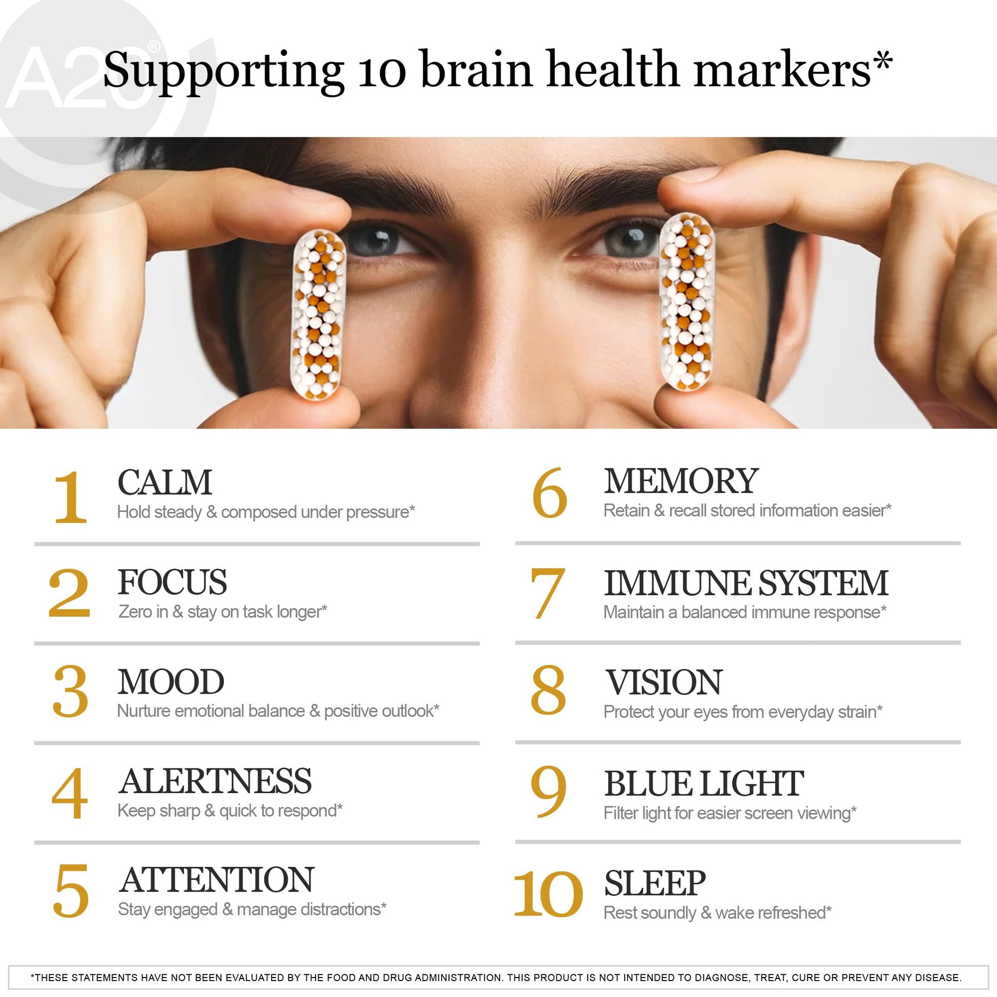 HCF A20 Microbead Brain Health Supplements for Adults for Memory, Focus, Calm, Mood, Alertness, Attention, Vision, Sleep, Immune System, 20 Premium Nootropic Nutrients Multivitamin & 7 Advances® Tech - Maple Wellness Supplements