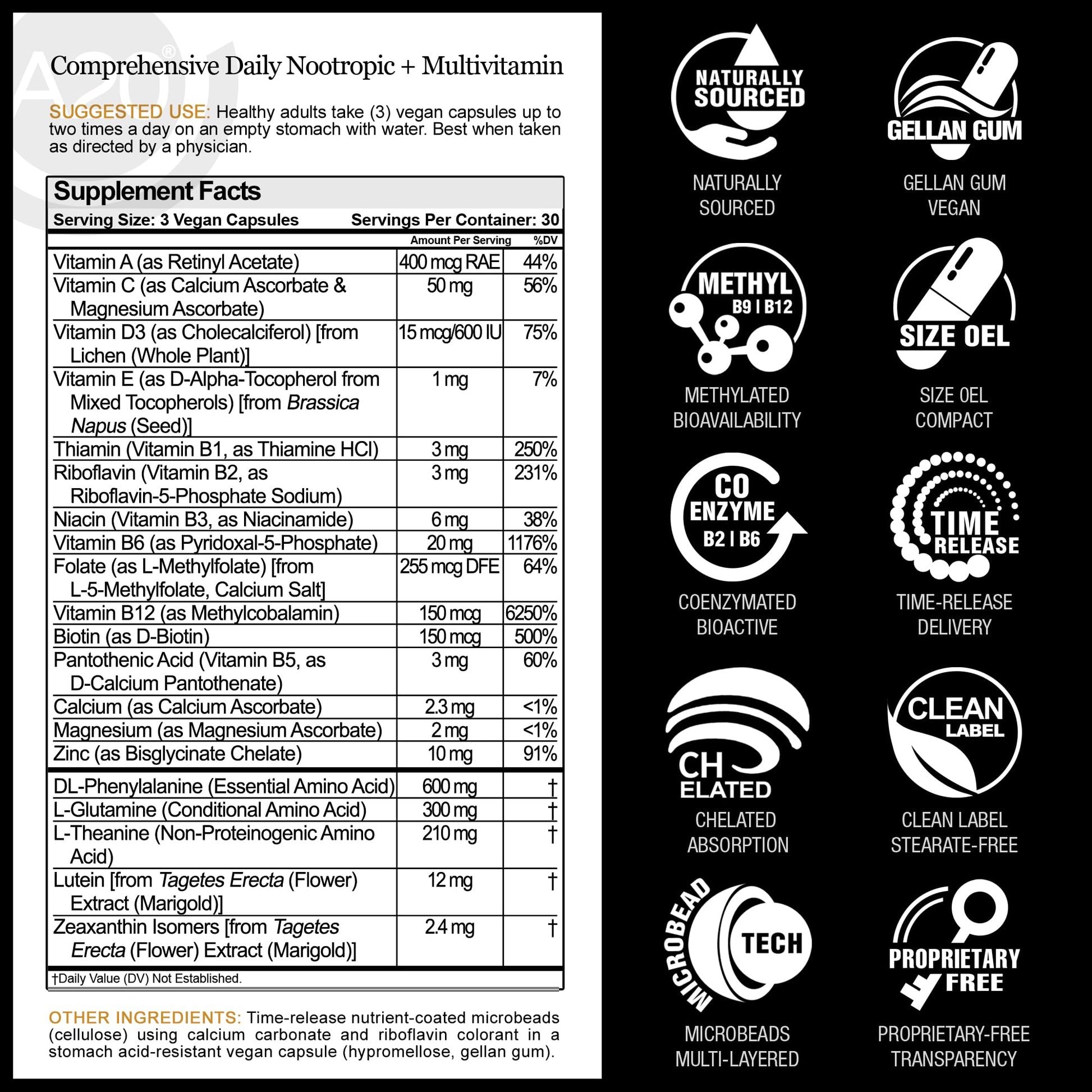 HCF A20 Microbead Brain Health Supplements for Adults for Memory, Focus, Calm, Mood, Alertness, Attention, Vision, Sleep, Immune System, 20 Premium Nootropic Nutrients Multivitamin & 7 Advances® Tech - Maple Wellness Supplements