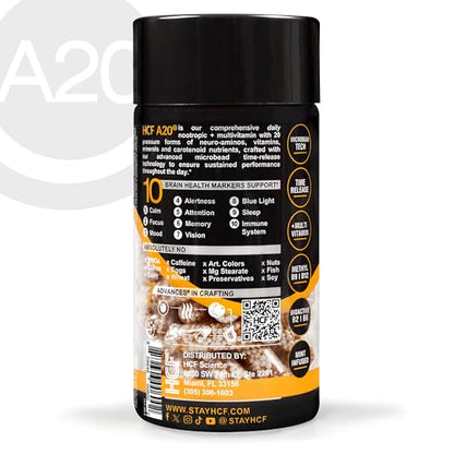 HCF A20 Microbead Brain Health Supplements for Adults for Memory, Focus, Calm, Mood, Alertness, Attention, Vision, Sleep, Immune System, 20 Premium Nootropic Nutrients Multivitamin & 7 Advances® Tech - Maple Wellness Supplements