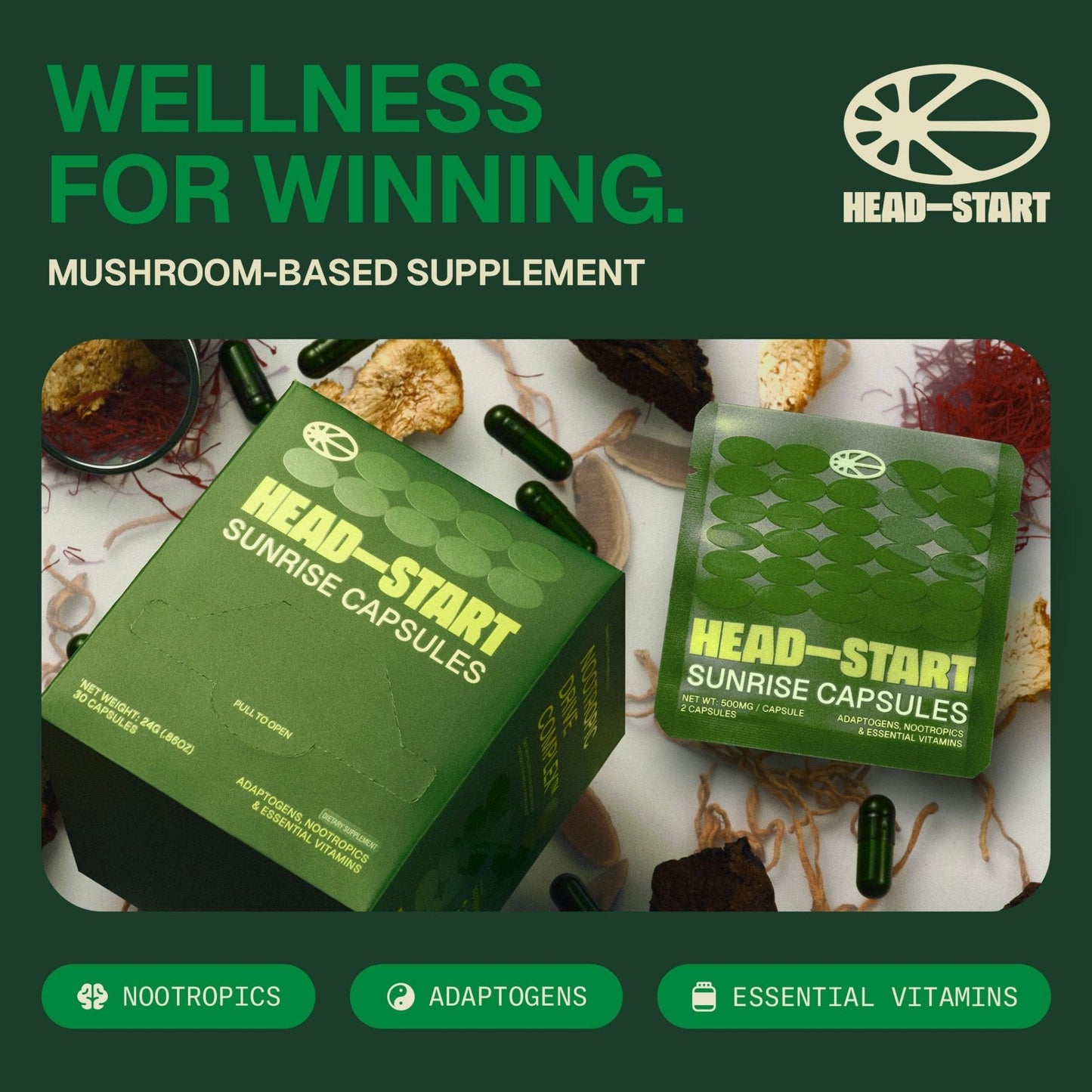 HEAD-START Sunrise Capsules | Nootropic Brain Supplement with Lion’s Mane, L-Theanine & Saffron | Adaptogen Blend for Focus, Energy, Clarity & Daily Performance - Maple Wellness Supplements