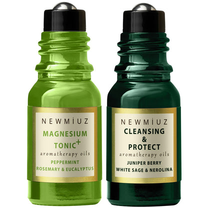 Headache Roll On Stick Peppermint Rosemary and Eucalyptus & Cleansing and Protect Juniper Berry White Sage with Nerolina Pack of 2 - Maple Wellness Supplements