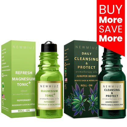 Headache Roll On Stick Peppermint Rosemary and Eucalyptus & Cleansing and Protect Juniper Berry White Sage with Nerolina Pack of 2 - Maple Wellness Supplements