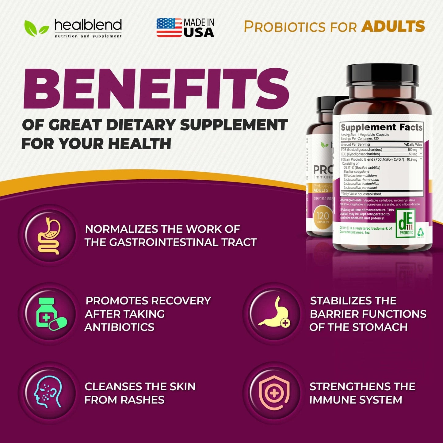healblend Probiotic Caps Dietary Supplement Capsules, Probiotic for Women and for Men Digestive Health, Immune System Support, Non-GMO, Gluten-Free, 120 Veg Caps - Maple Wellness Supplements
